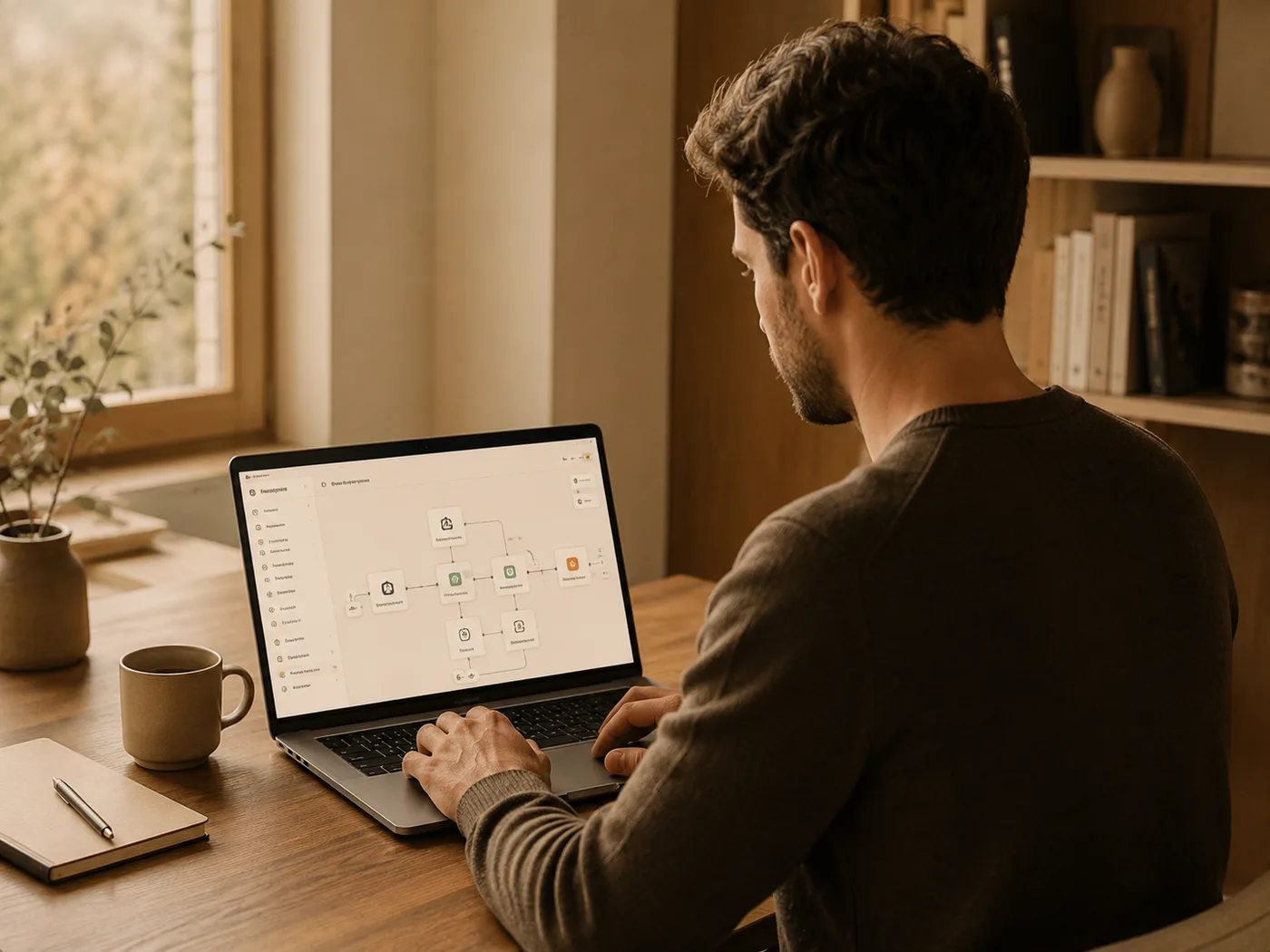 Concepteur devant son workflow d'automatisation n8n : les étapes du processus reliées à l'écran