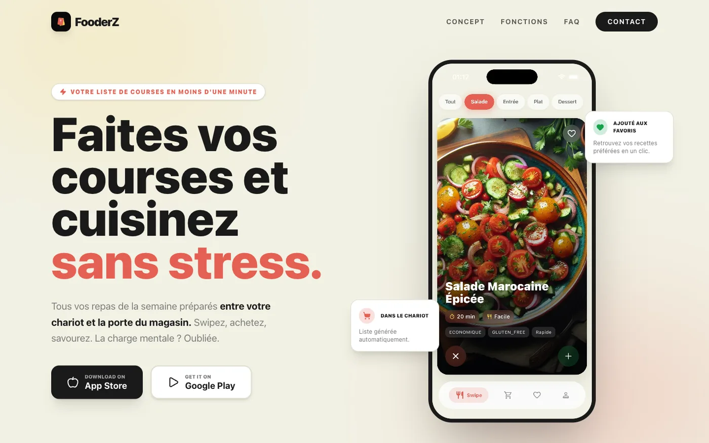 Page d'accueil de FooderZ montrant l'application mobile de liste de courses avec une fiche recette